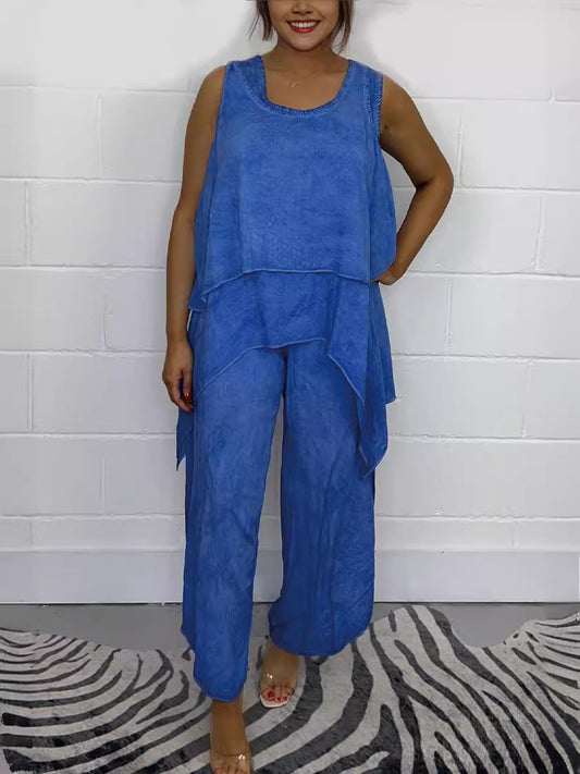 Casual sleeveless loose top and pants suit