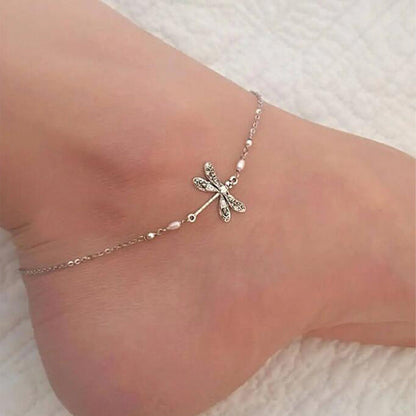 SILVER DRAGONFLY ANKLET WITH PEARL